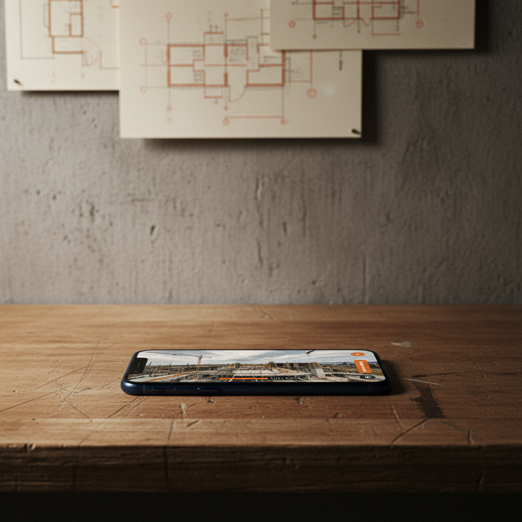 iPhone posé sur une table d'atelier affichant Pano-Vista — visualisation 360° de chantier BTP