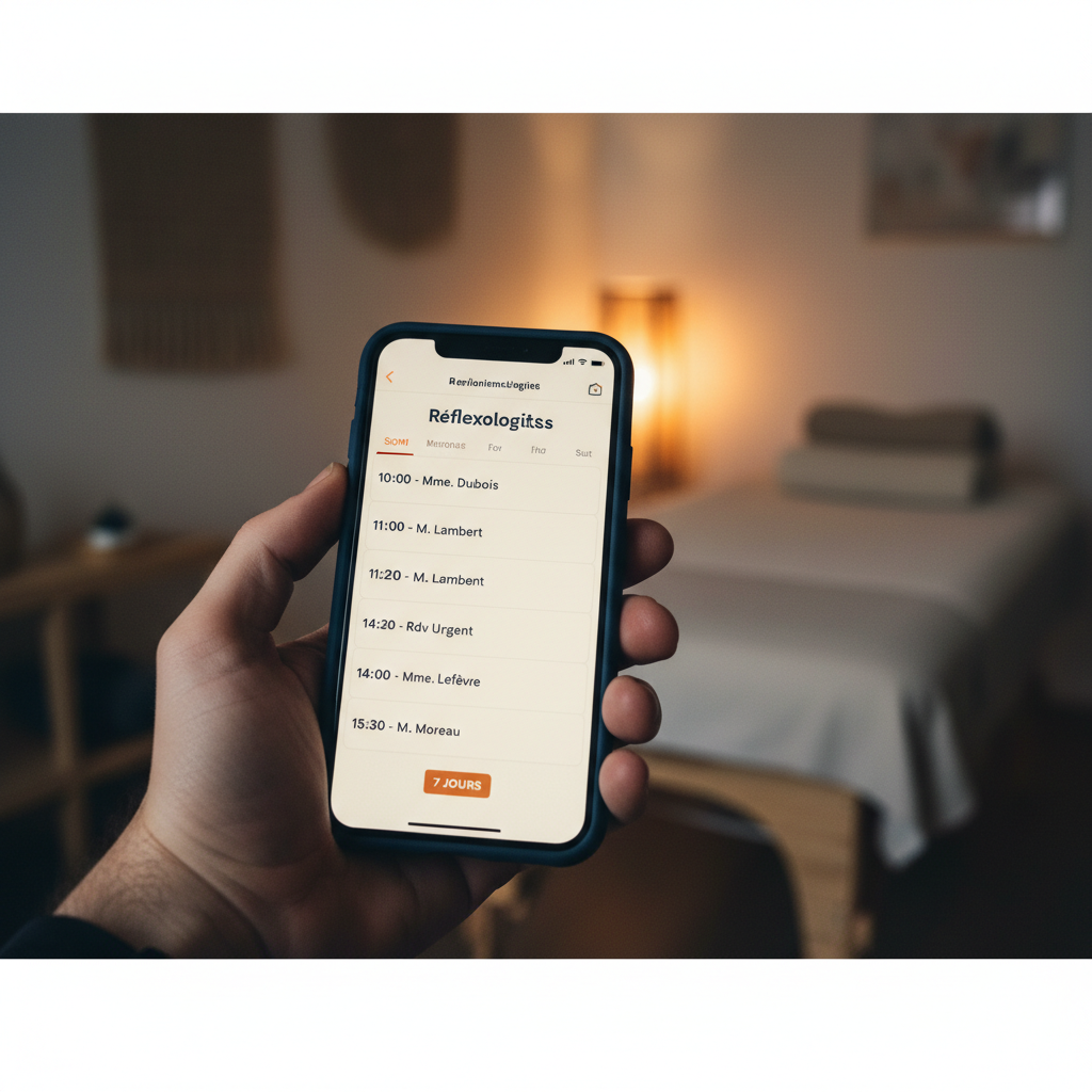 Main tenant un iPhone affichant l'app Reflexo Suite — dashboard de rendez-vous pour réflexologues